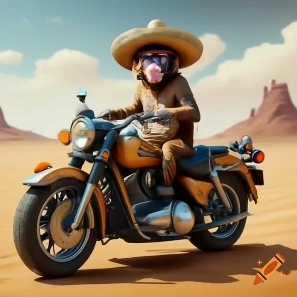 Realistic monkey riding motorcycle in desert wearing sombrero
