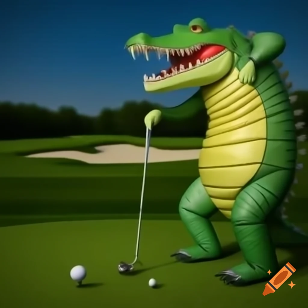 Satirical photorealistic image of character in crocodile costume golfing