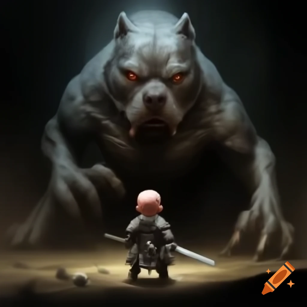 Baby with sword next to giant pitbull, inspired by Dark Souls