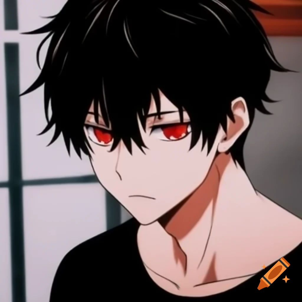 Stylized anime character with black hair and red eyes