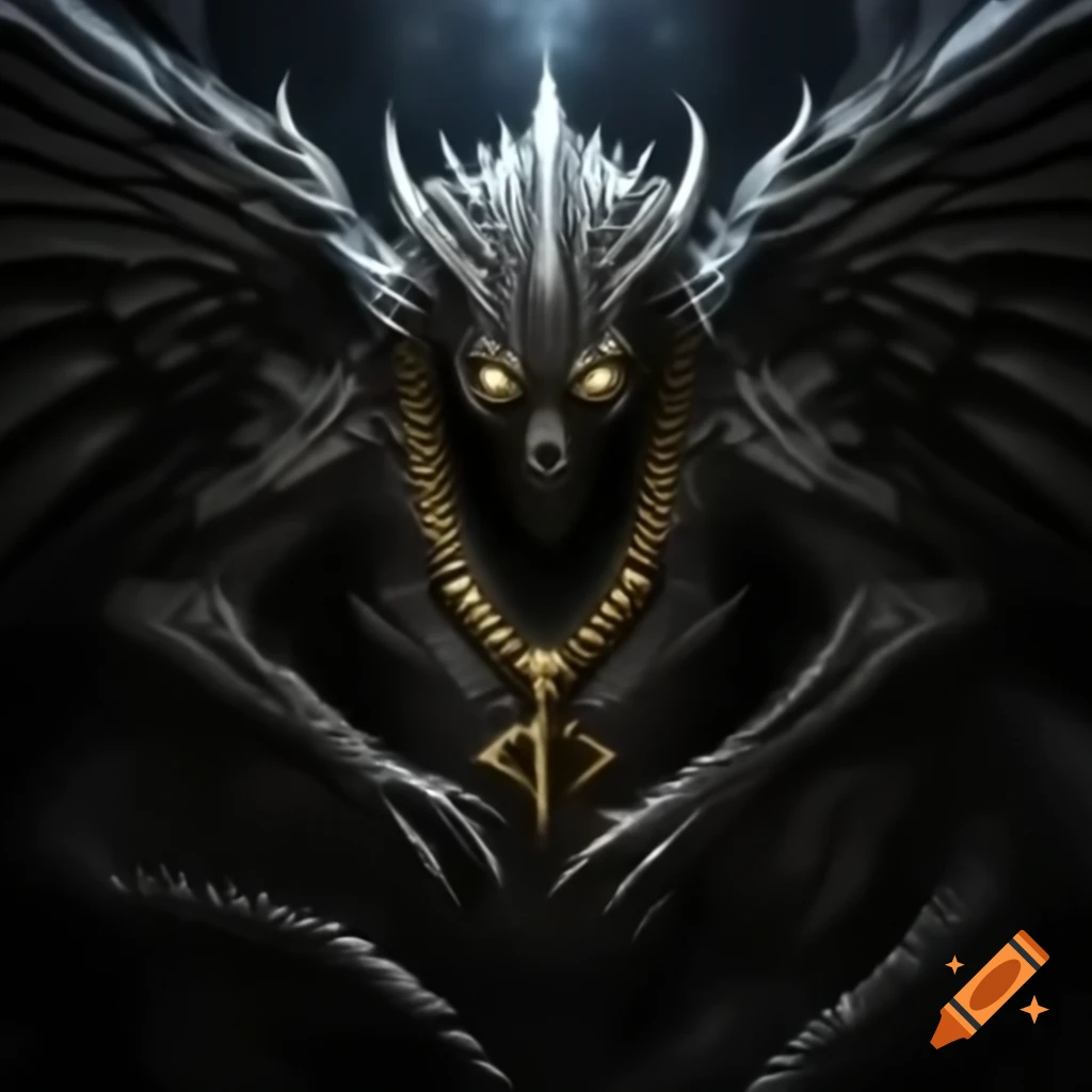 Dark winged creature breaking through bricks with pendant and chain