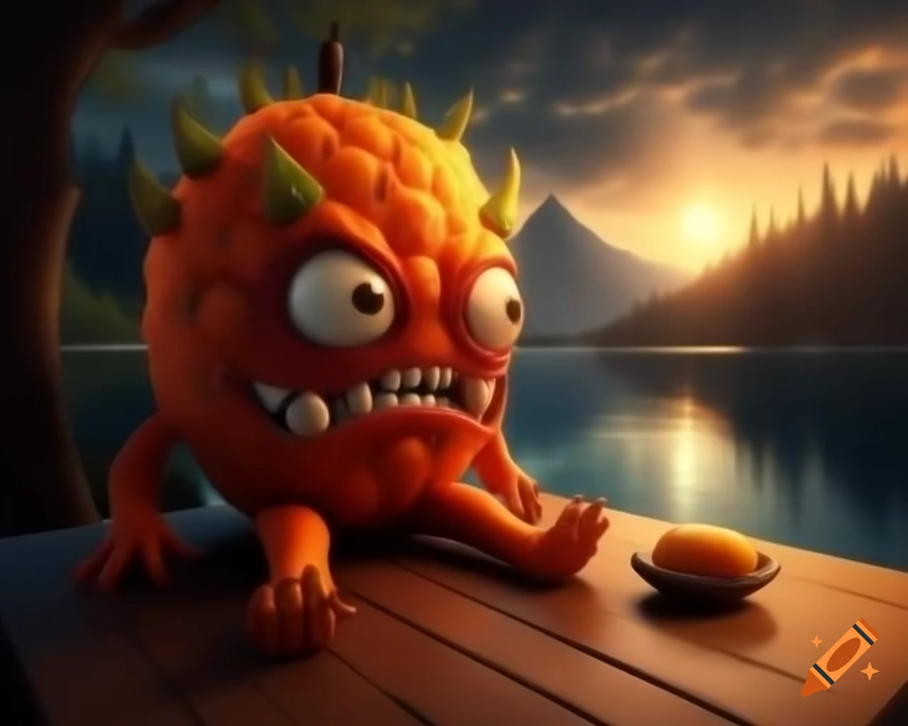 3D orange tree monster with human face on wooden table in forest