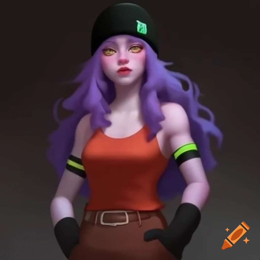 Tall woman with purple hair in casual urban attire