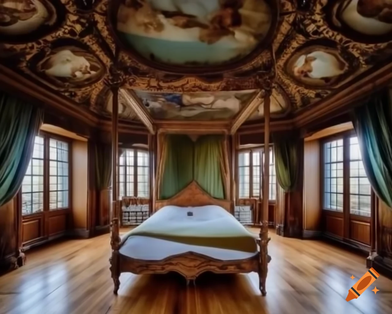 Rococo French castle bedroom with wooden floor, ceiling, stained glass window, and canopy bed