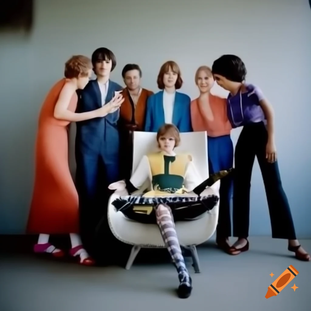 Young stylish individuals in midcentury modern setting, 60's and 70's fashion