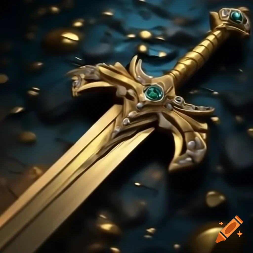 Realistic golden sword adorned with gems