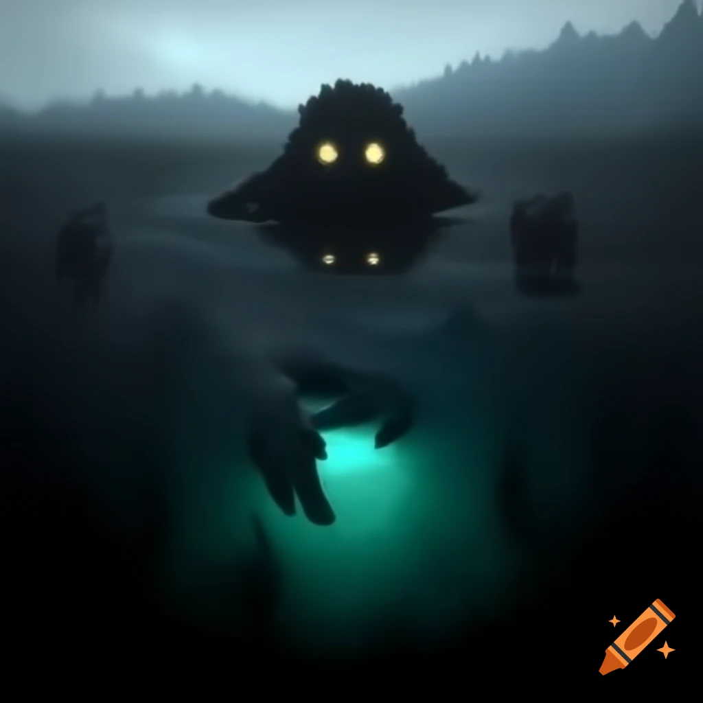 Shadowy lake monster partially submerged in tranquil waters