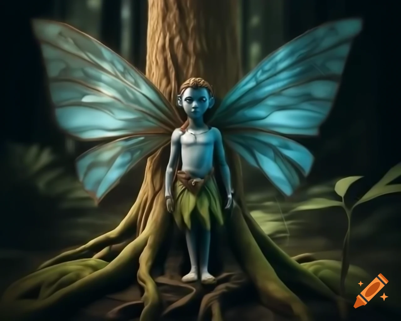 Photorealistic 3D render of a fairy beside a tree in a forest