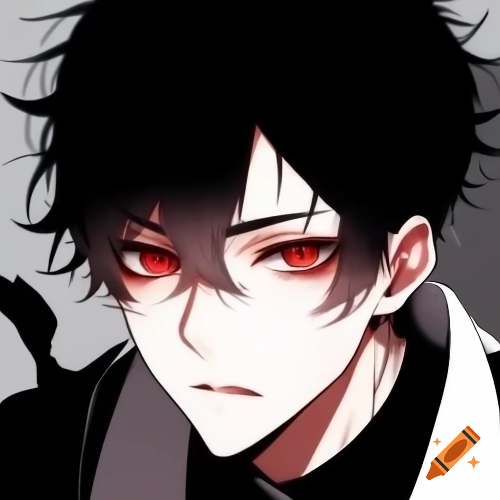 Stylish anime character with red eyes and messy dark hair