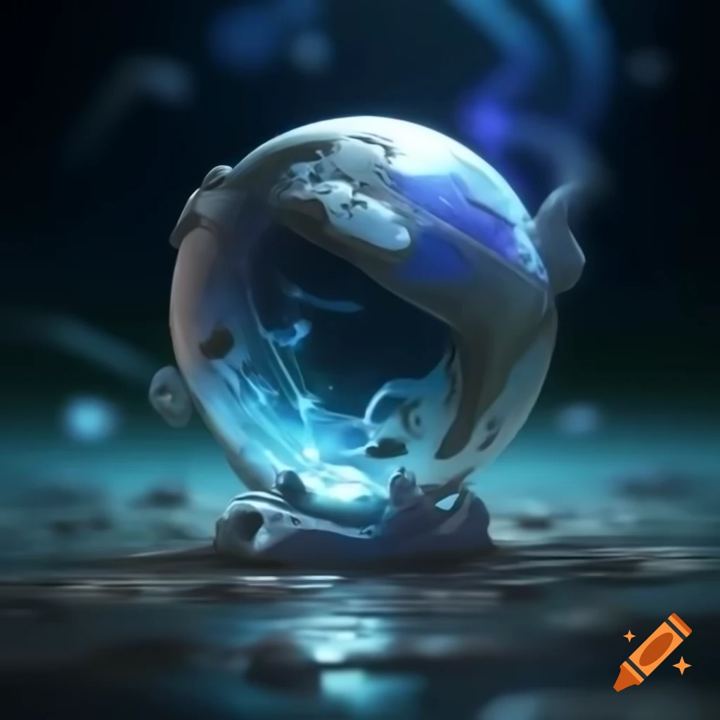 Surreal fantasy illustration featuring sphere with EVO B written on it