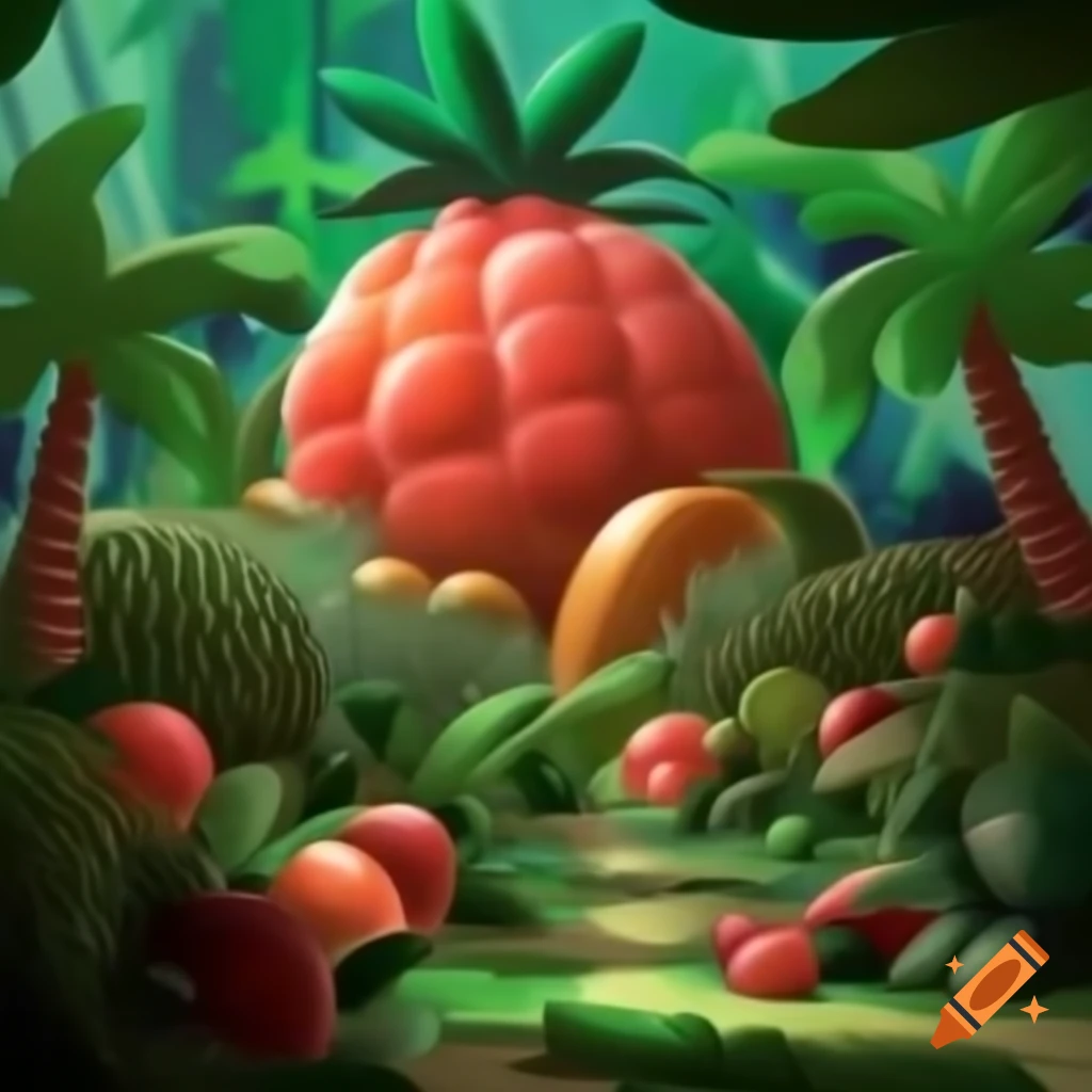 Surreal jungle made of giant pastel fruits, 1940s art style