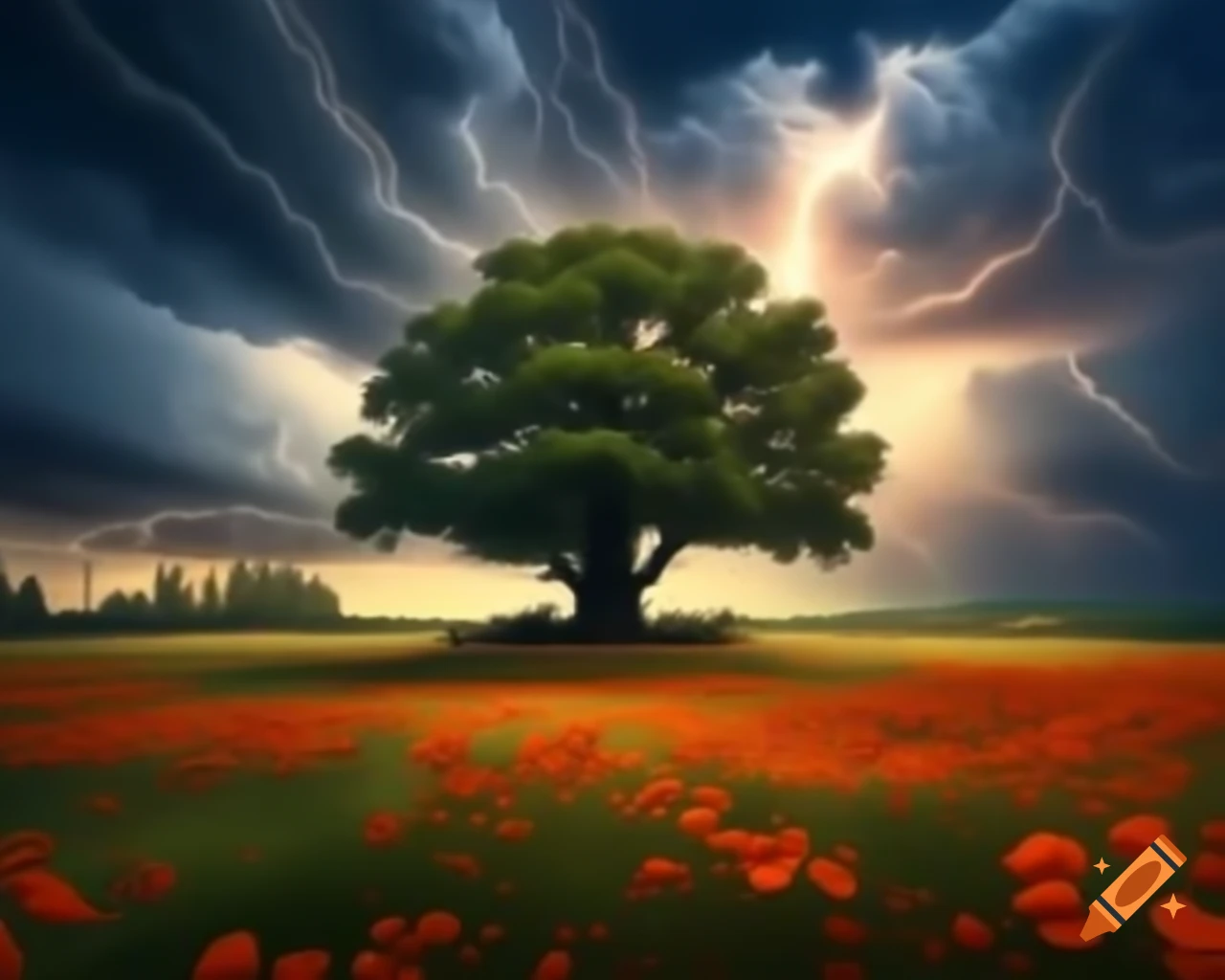 Surreal scene of oak tree on meadow with poppies and cornflowers during thunderstorm and lightning