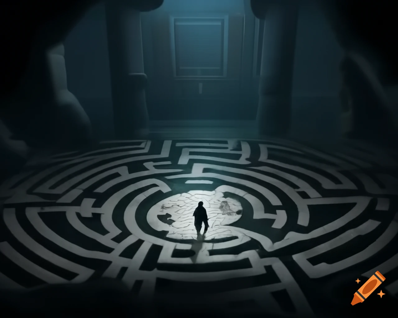 Solitary figure at entrance of intricate labyrinth with abstract runes