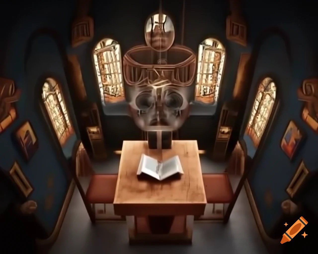 Open book on table in church with illuminated icons and harmony