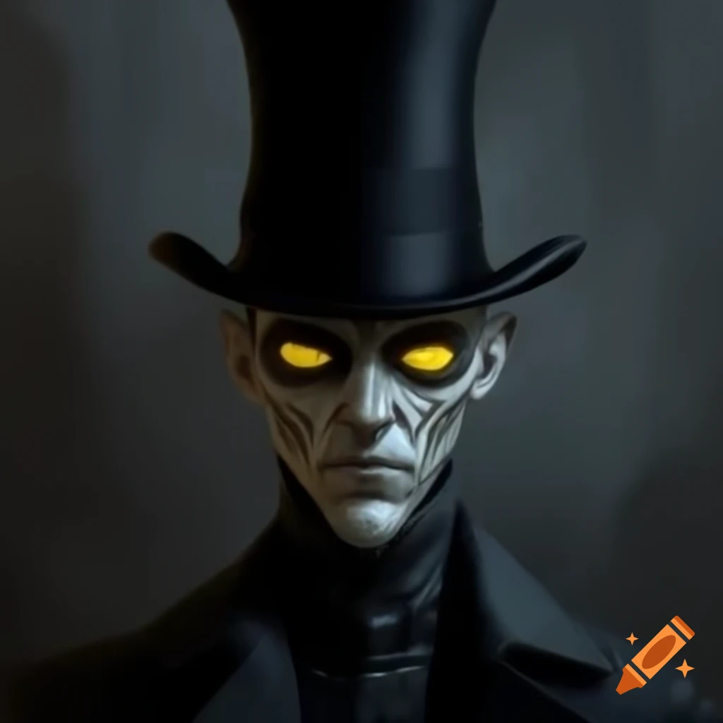 Shadowy man in top hat with glowing yellow eyes on grey textured background