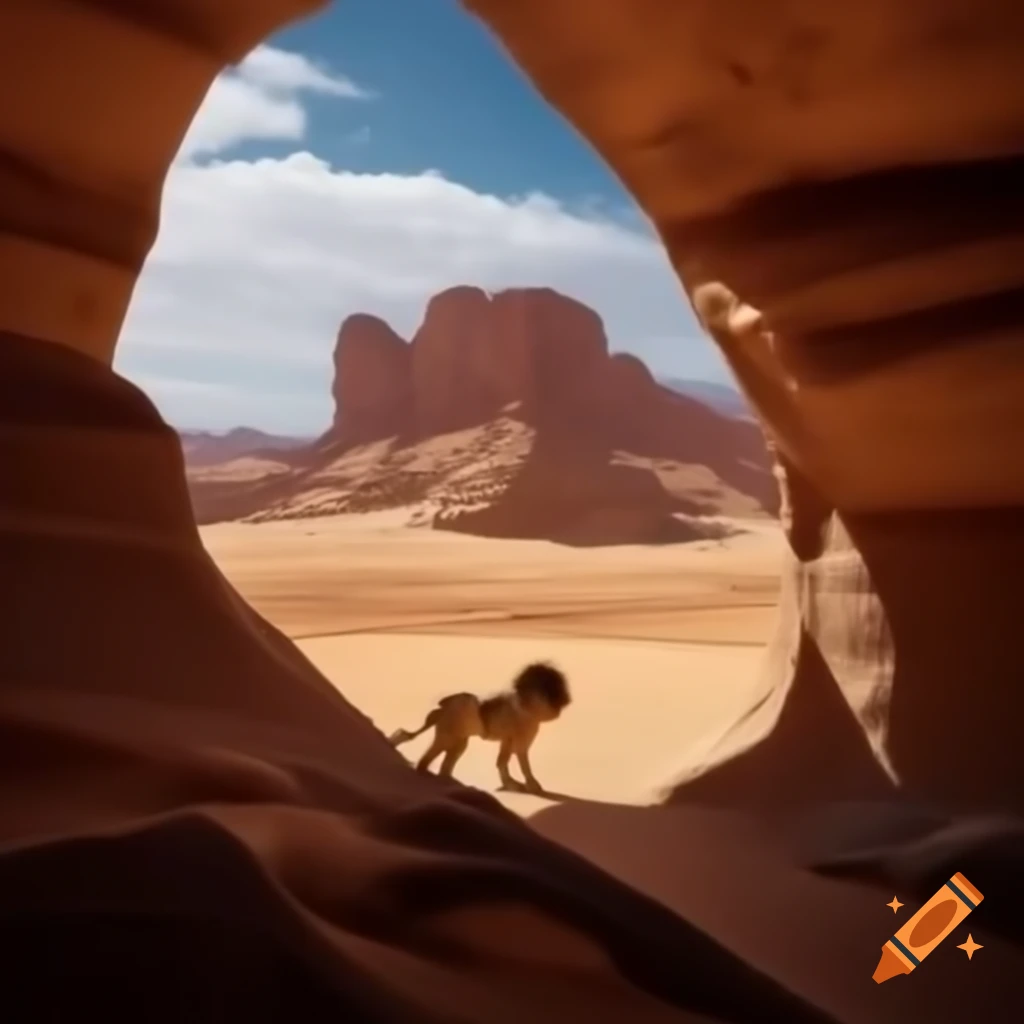 Realistic oasis in the desert with lion in the distance