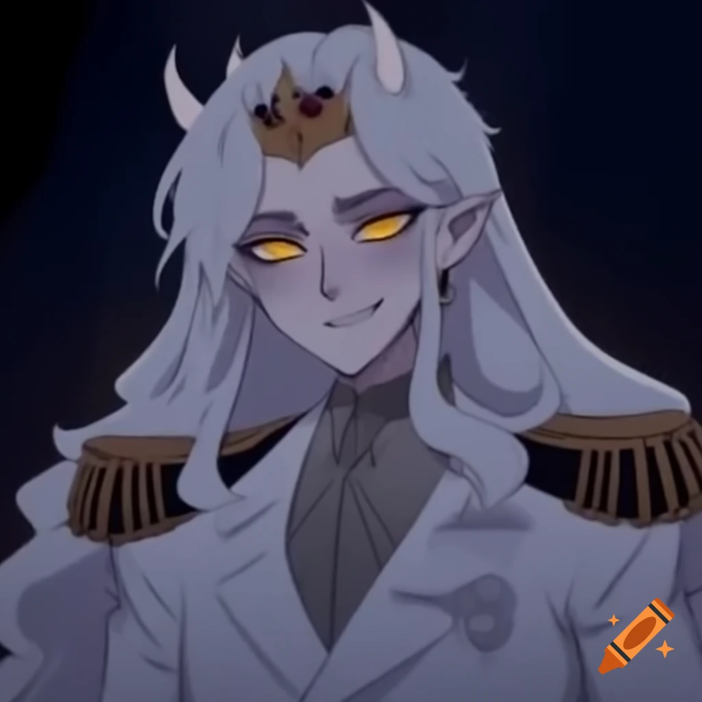 Vampire prince with white hair and crown, wearing white suit and evil smile