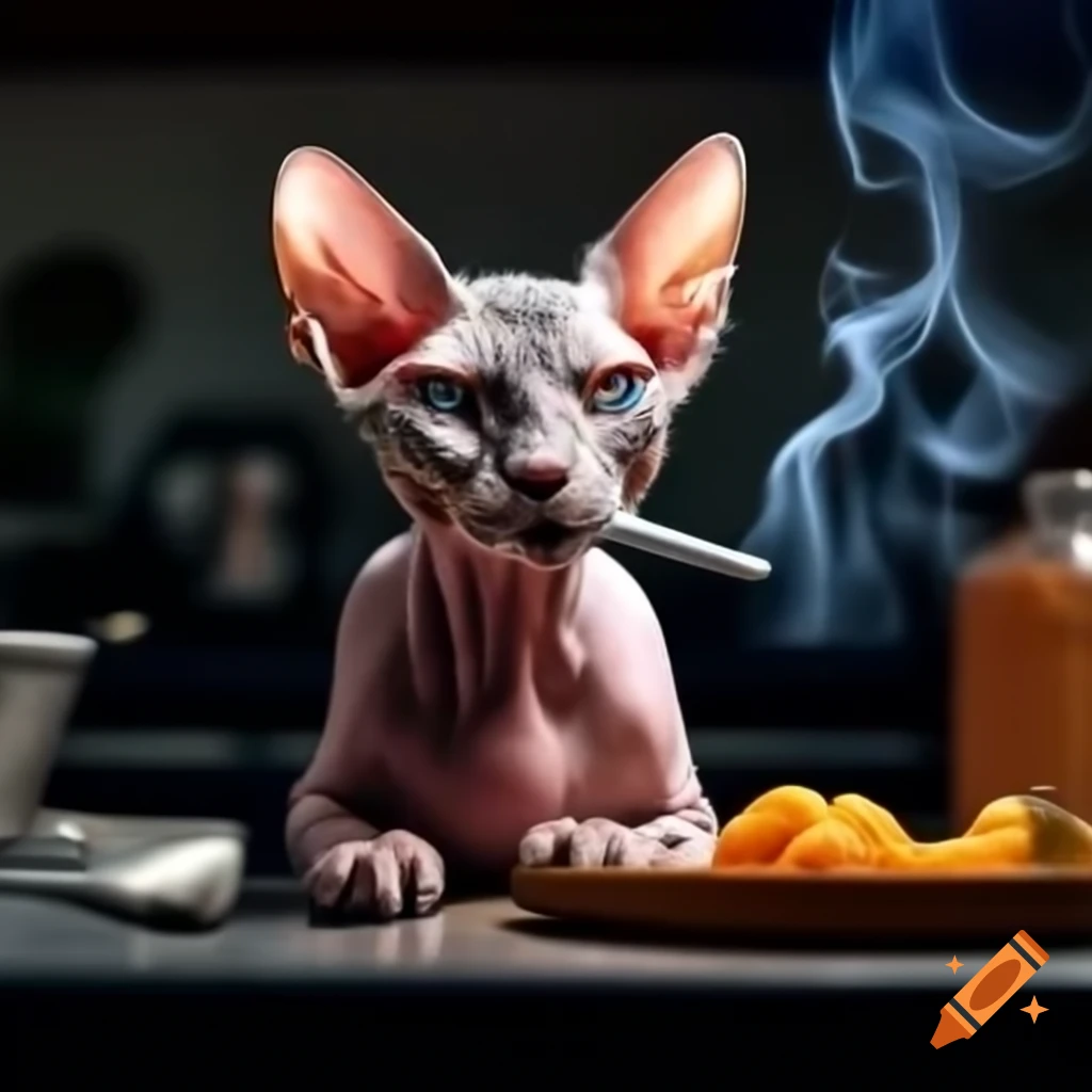 Hairless cat smoking cigarette in kitchen
