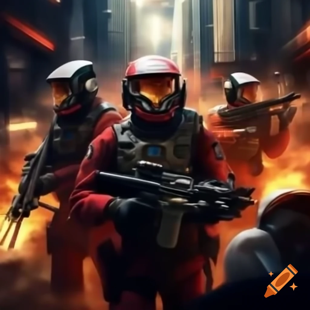 Chancellery Guards in futuristic uniforms amidst a science fiction battle scene