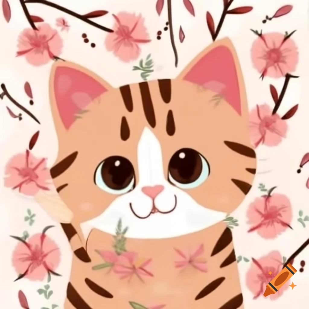 Aesthetic illustration of a pastel brown shaded cat surrounded by sakura flowers, smiling