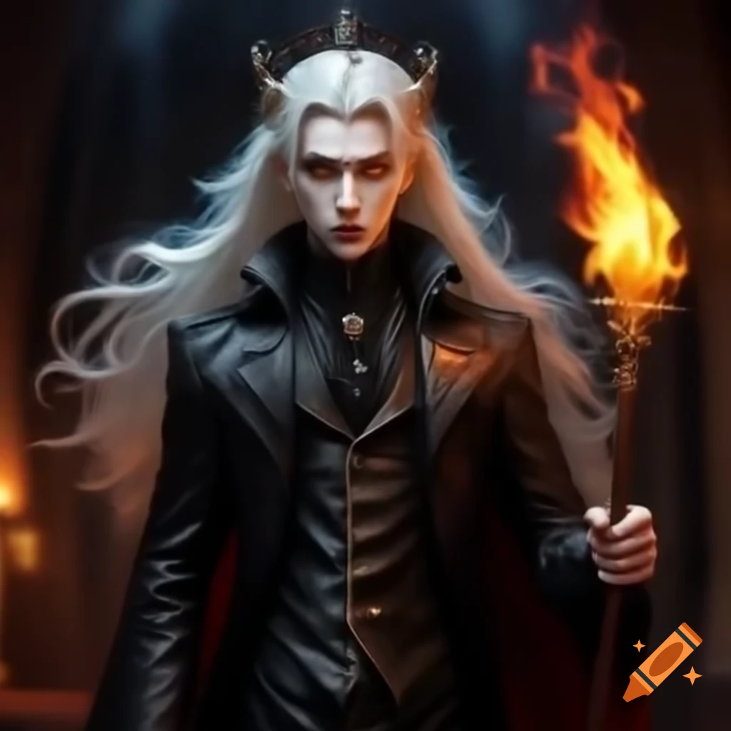 Vampire prince with white hair and yellow eyes in black suit, holding scepter and surrounded by flames