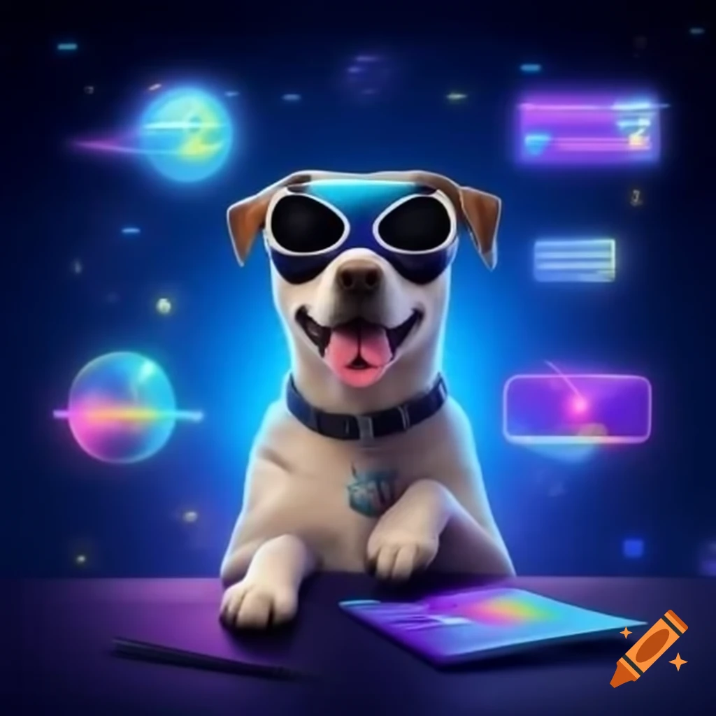 Happy dog wearing VR headset interacting with holographic space and menu