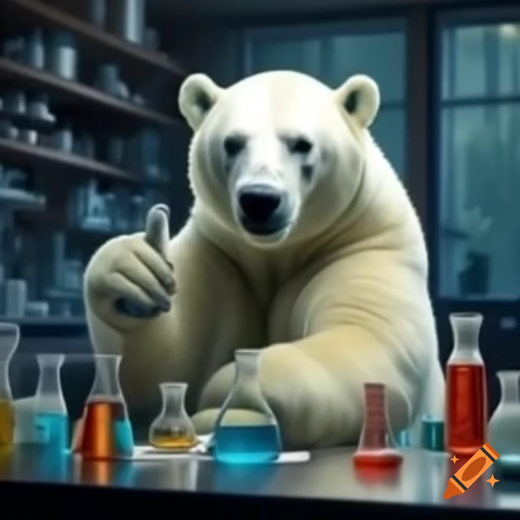Polar bear in laboratory giving thumbs up