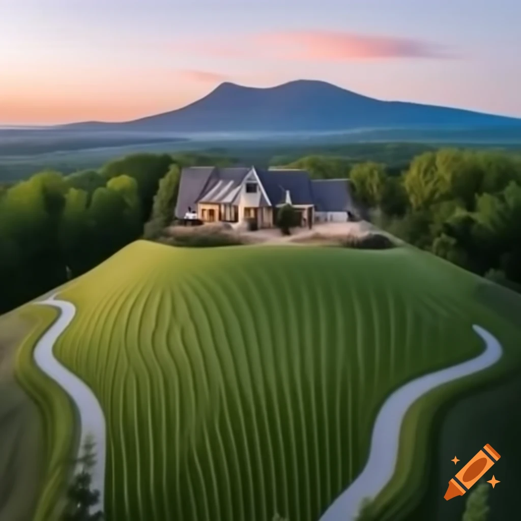 Perfectly mowed lawn beside a large house on a mountain with scenic views