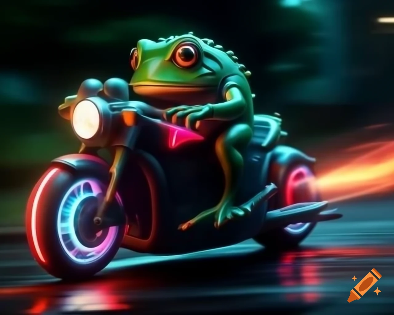 Anthropomorphic frog in cyberpunk suit riding glowing motorbike at high speed