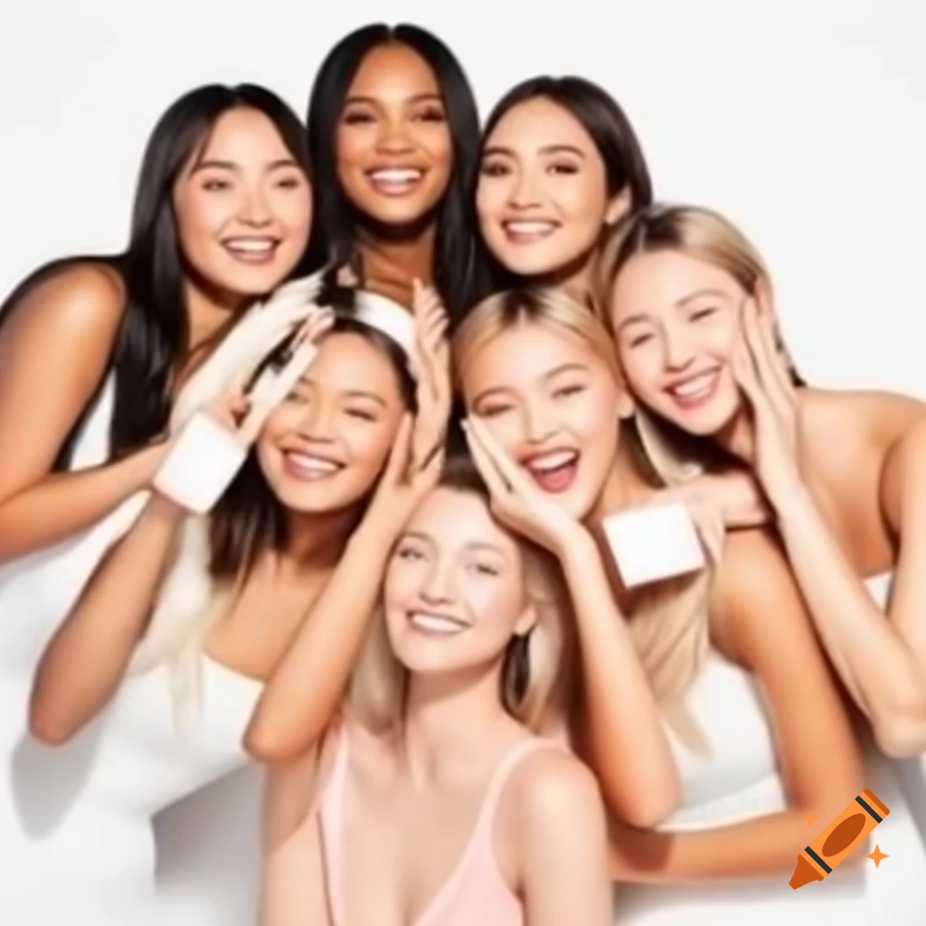 Girls smiling with beauty products against a white background