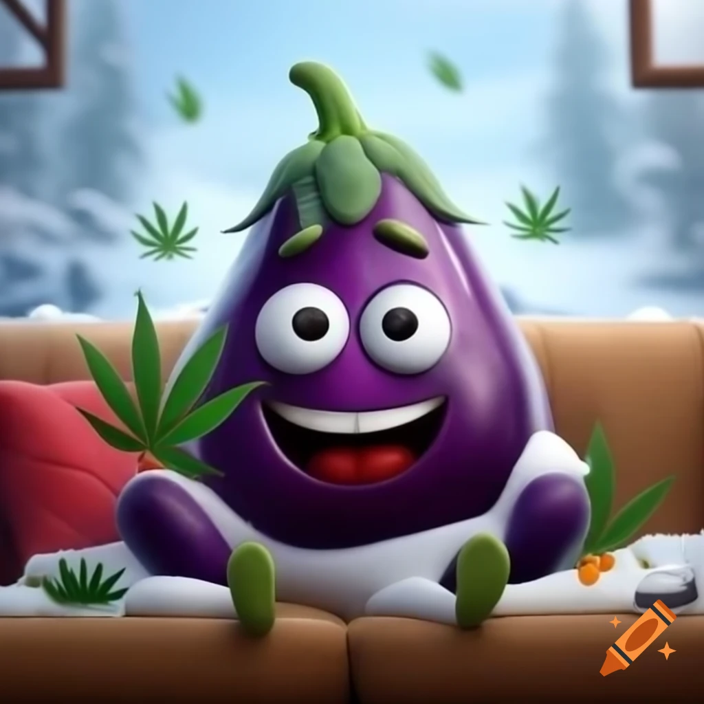 Humorous eggplant emoji with smile and marijuana leaves on couch with snowy background