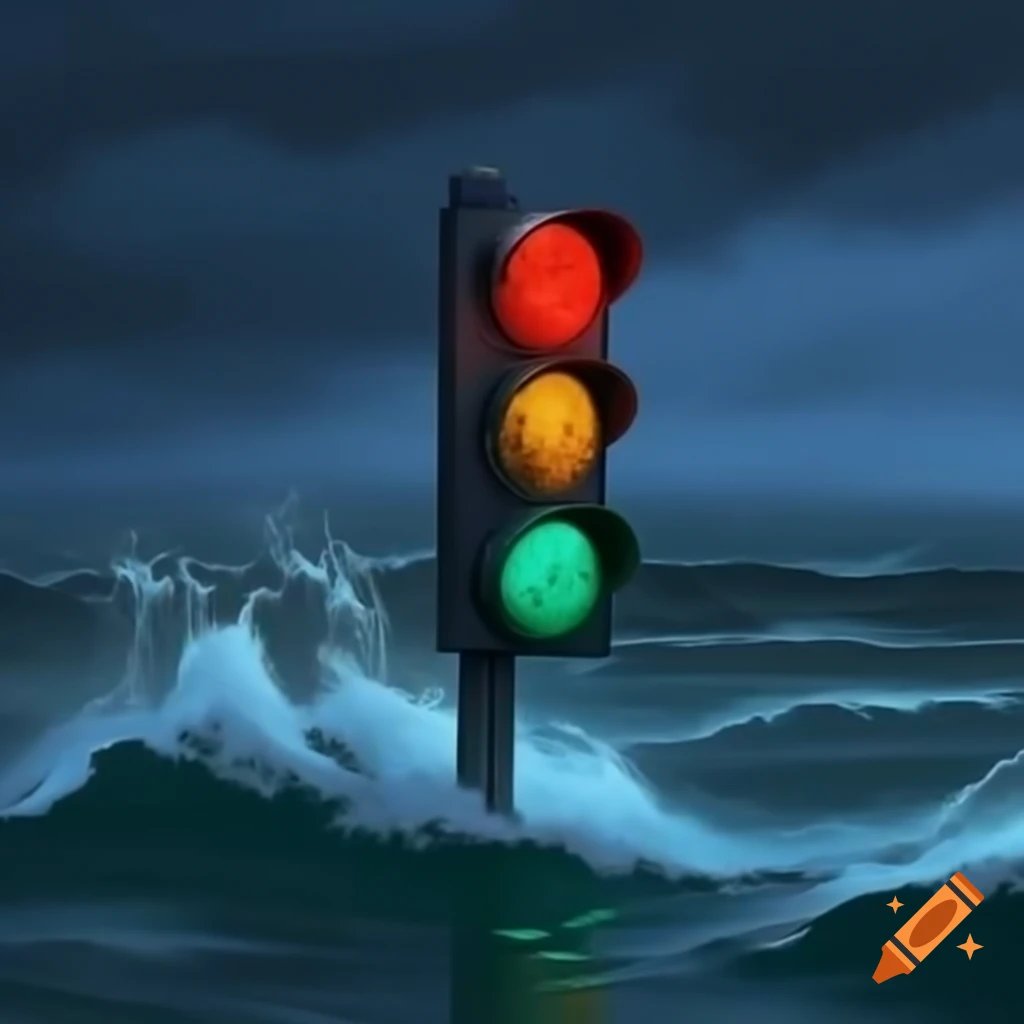 Traffic light sinking in stormy sea, comic style