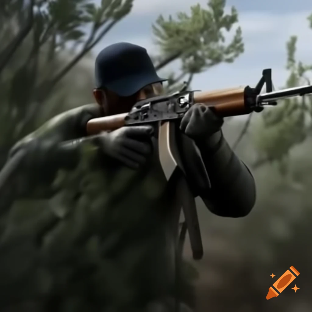 Soldier with rifle hiding behind bush