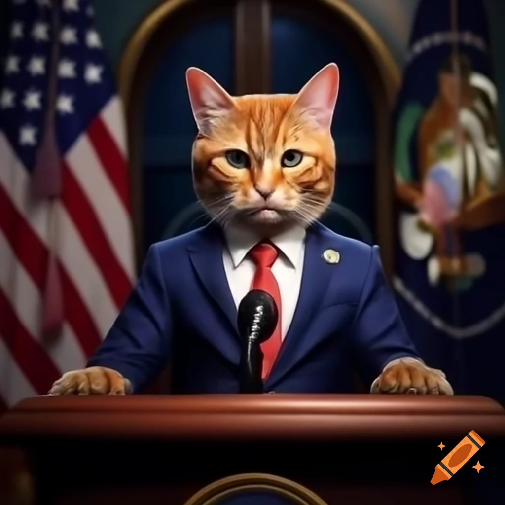 Realistic orange and white cat as presidential candidate giving speech at podium with American flag