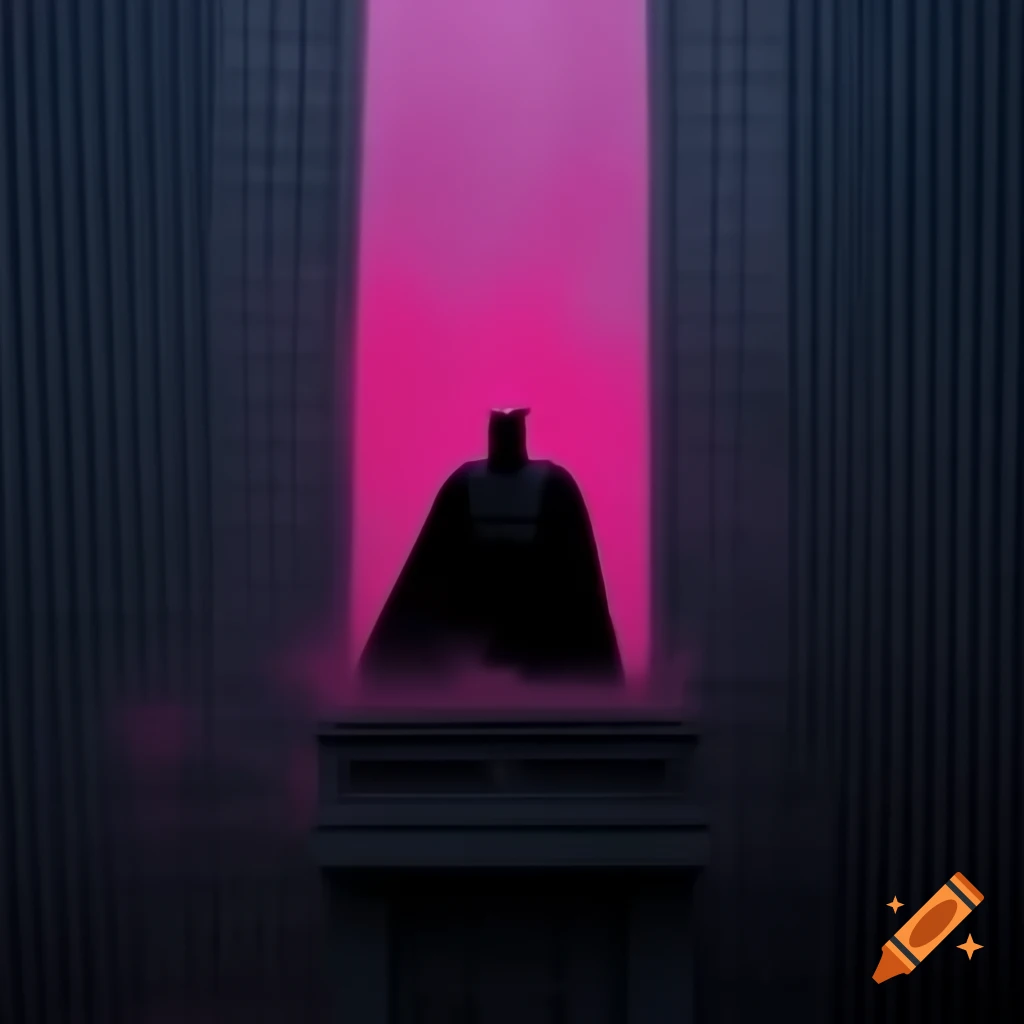 Batman peeking over tall building shrouded in pink dust