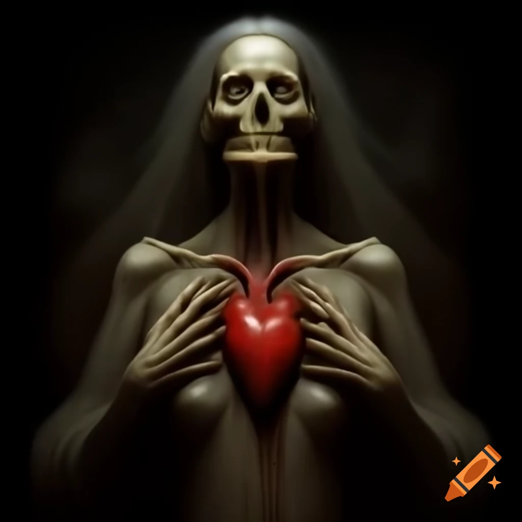 Artistic wooden sculpture of a human heart with dark resin details