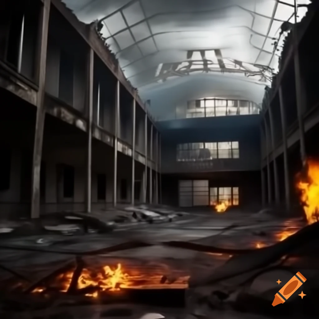 Abandoned hospital with burning background