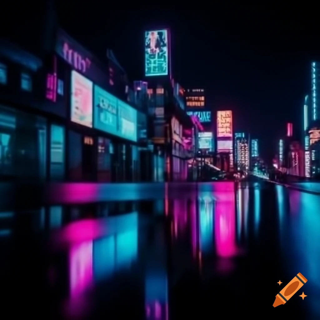 Photorealistic cyberpunk cityscape with neon lights and reflections