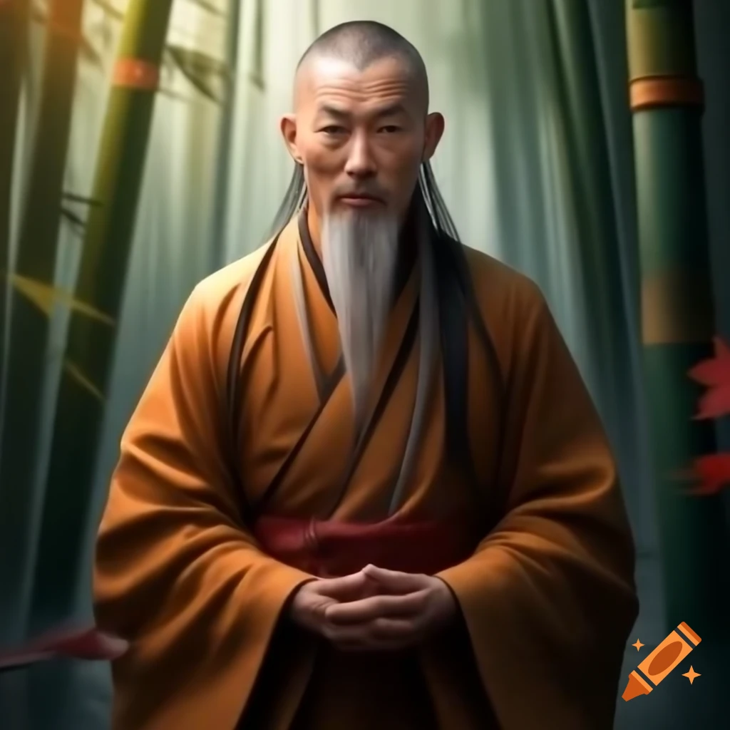Chinese monk in flowing robes holding prayer beads and staff in tranquil bamboo setting, 3D animated style