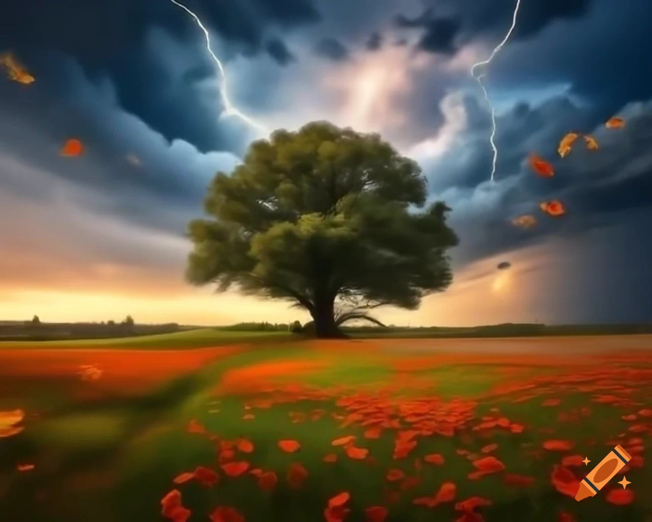 Surreal scene of oak tree in meadow with poppies and cornflowers during thunderstorm