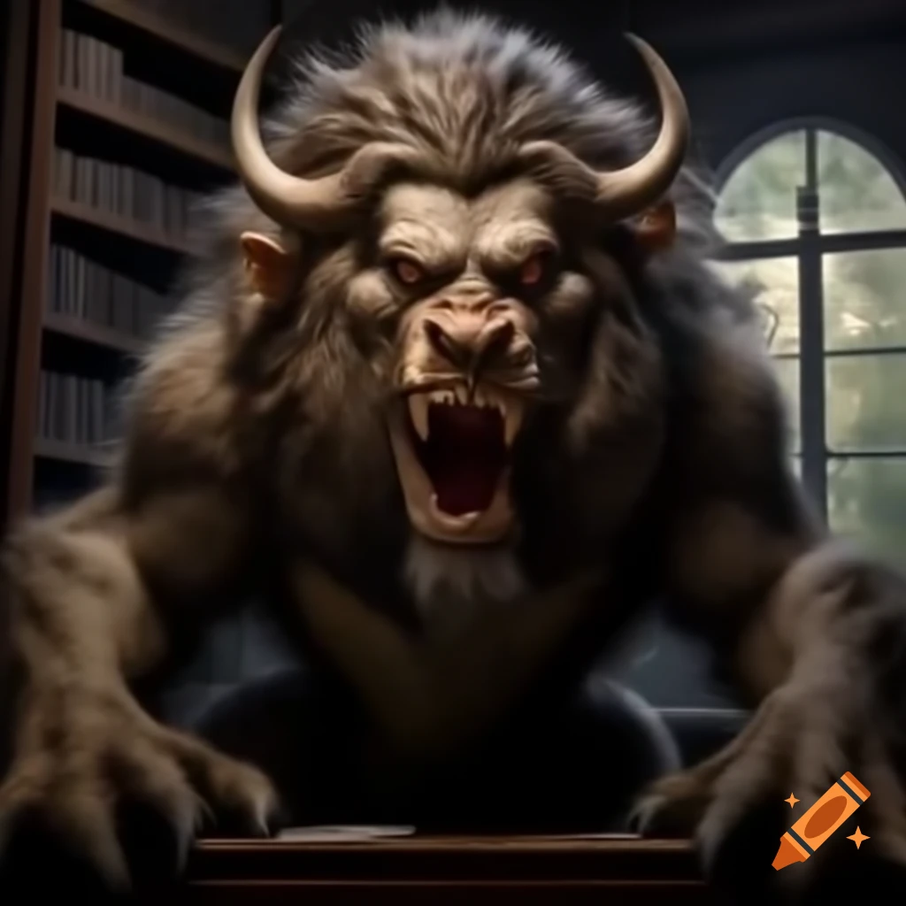 Manticore roaring inside a library with garden doors in background