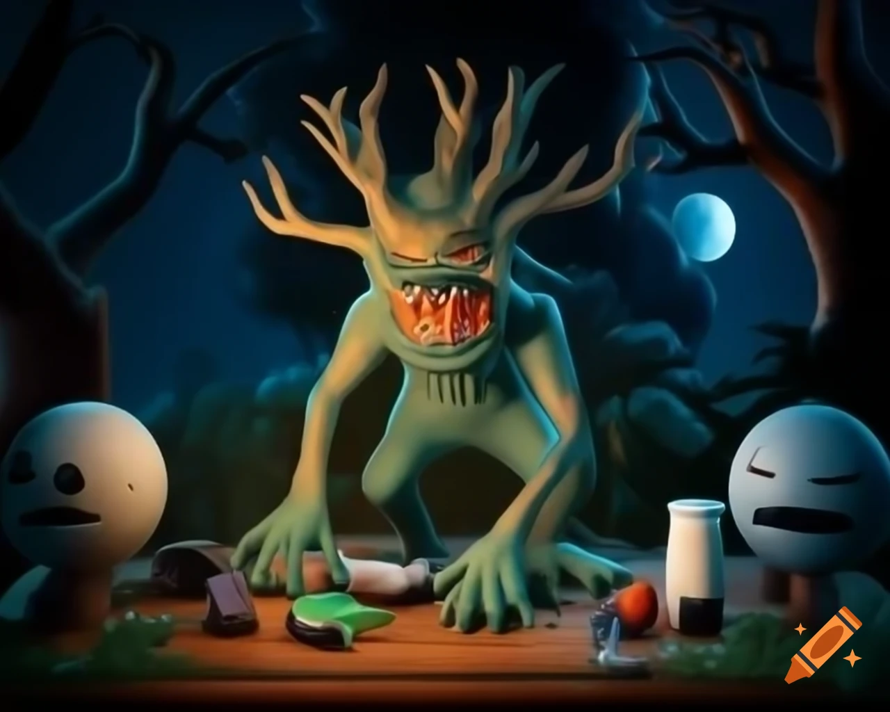 Hyper-realistic 3D tree monster with fangs on wooden table in dark woods