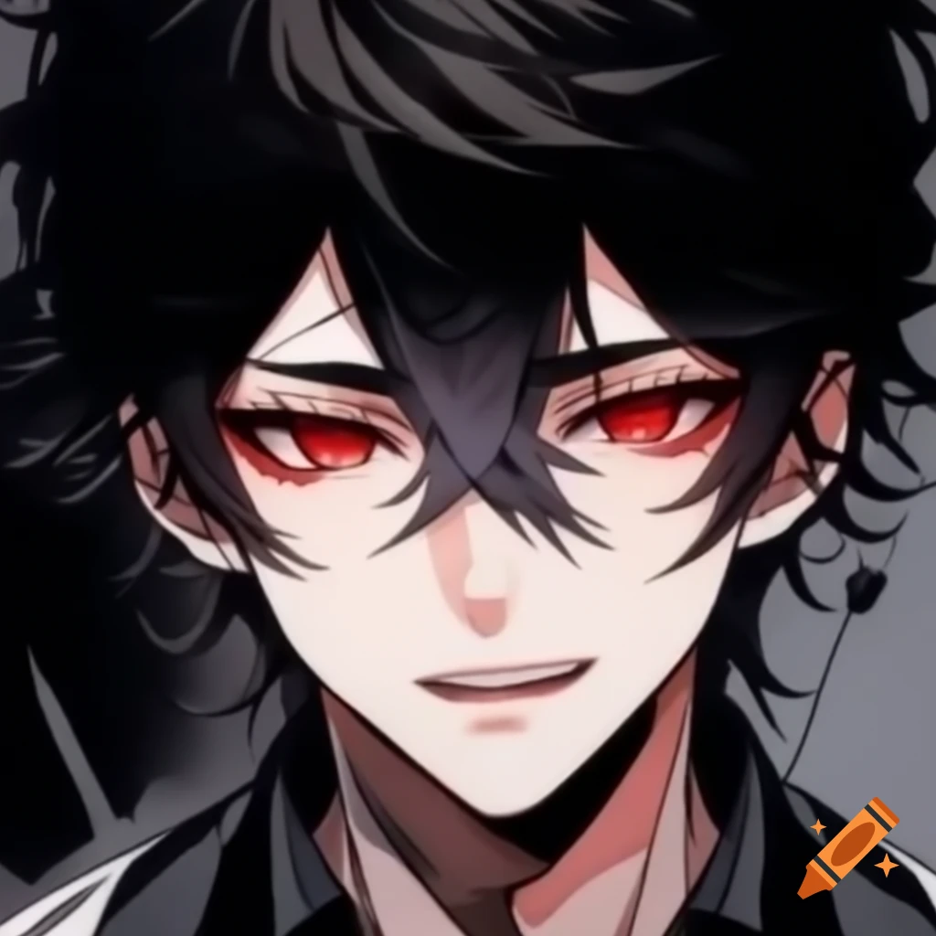 Stylish anime character with red eyes and messy dark hair