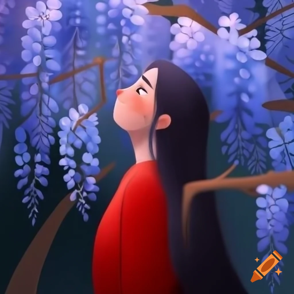 Young woman smelling blue wisteria flowers in spring, side profile