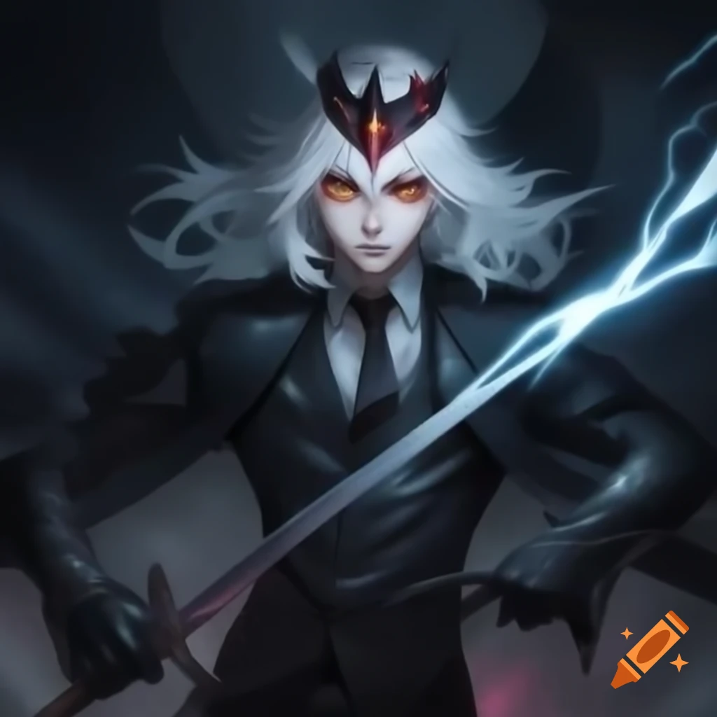 Vampire prince with long white hair, yellow eyes, and a sword in a black suit