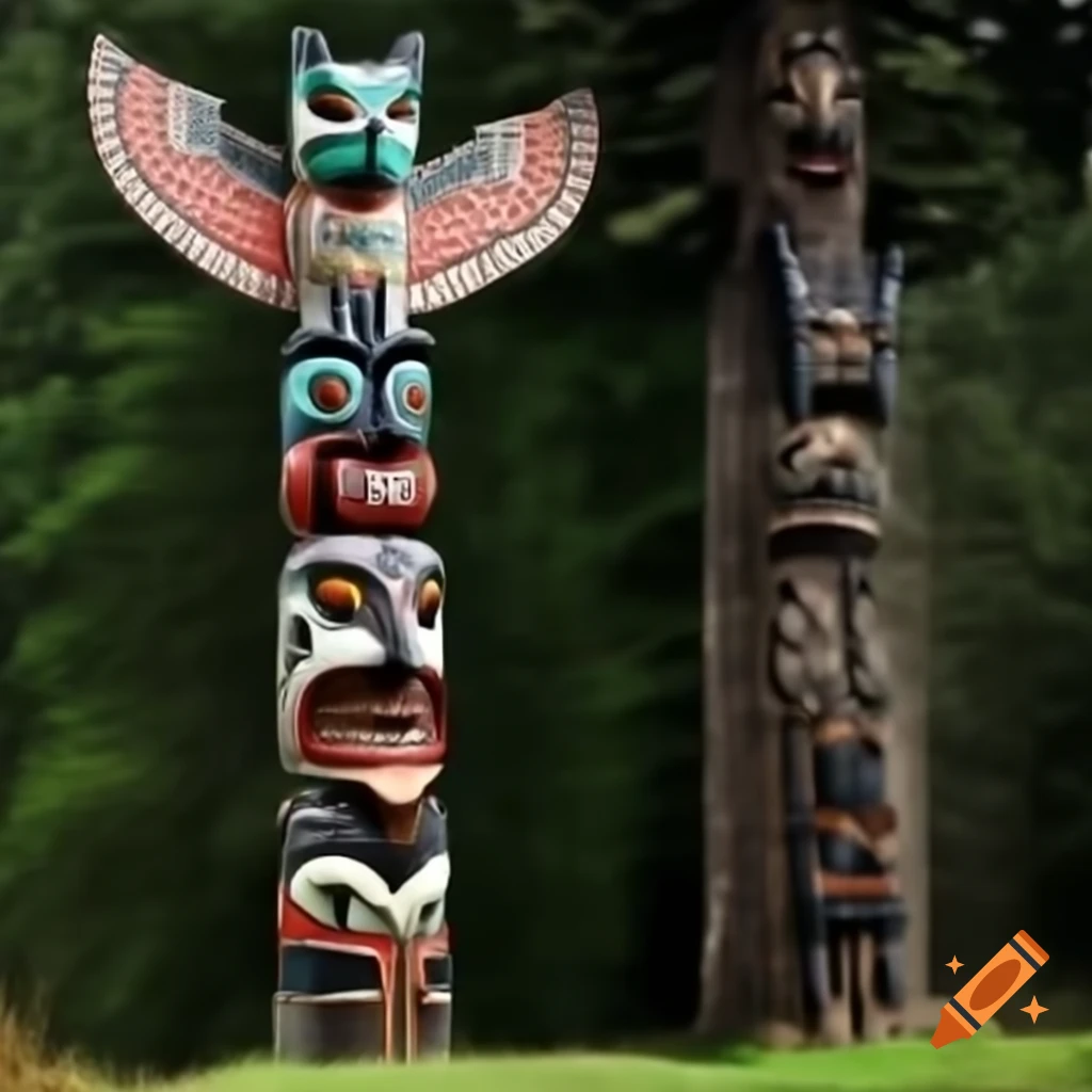 Intricate totem pole carved from cedar tree depicting forest inhabitants