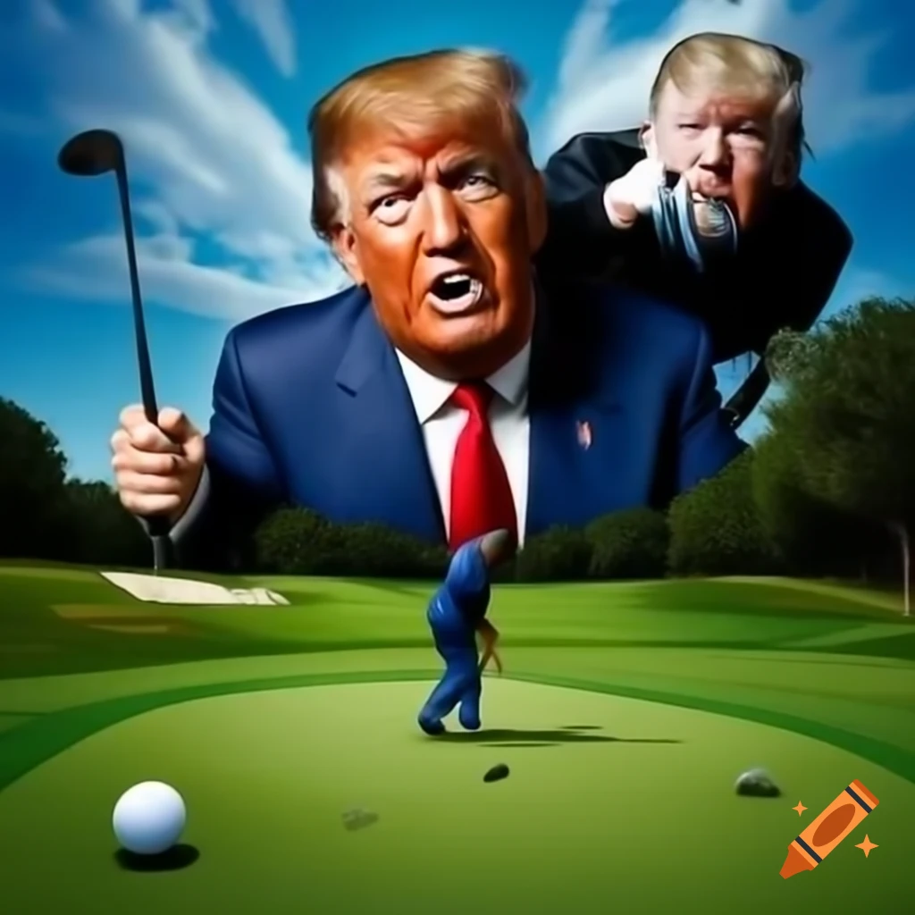 Satirical photorealistic depiction of a humorous scene with a golfer and a giant alligator