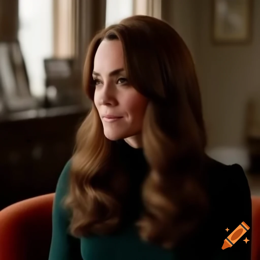 Kate Middleton contemplating a haircut makeover, hair flowing over plush chair