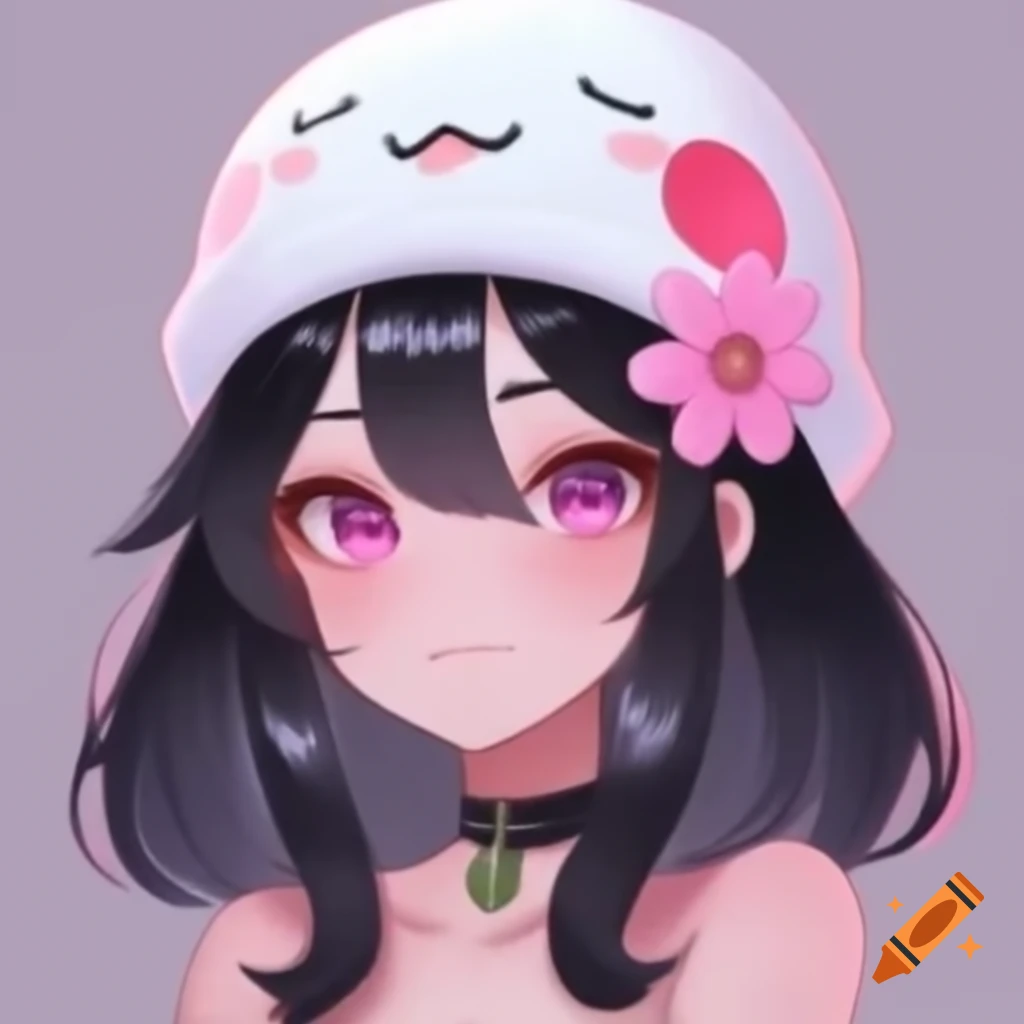 Character design with Pokemon-themed beanie, choker, and flower tattoo, featuring long black hair and light pink eyes