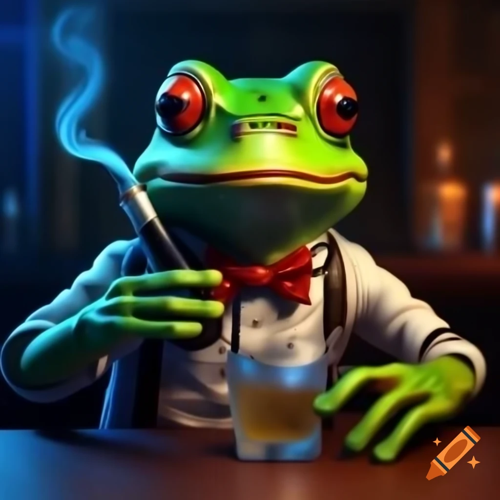 Dapper green frog with pipe and drink at a bar